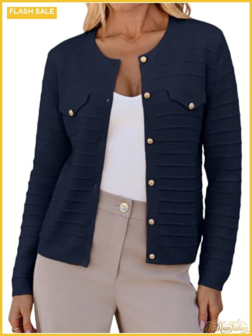 Women's Textured Knit Cardigan Sweater with Gold Buttons